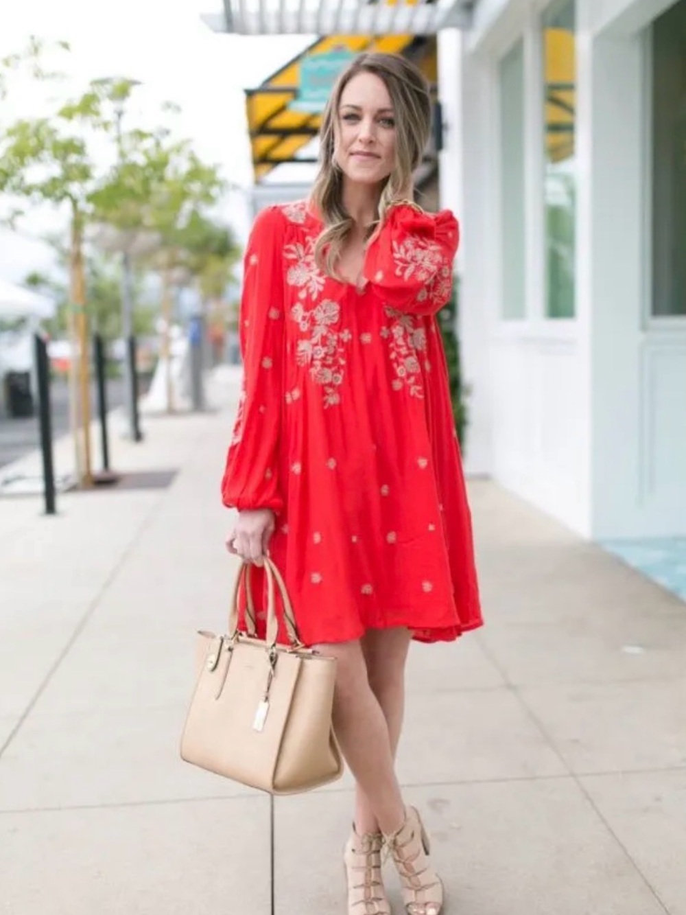 Free People Red Dress with Silver Floral Embroidery